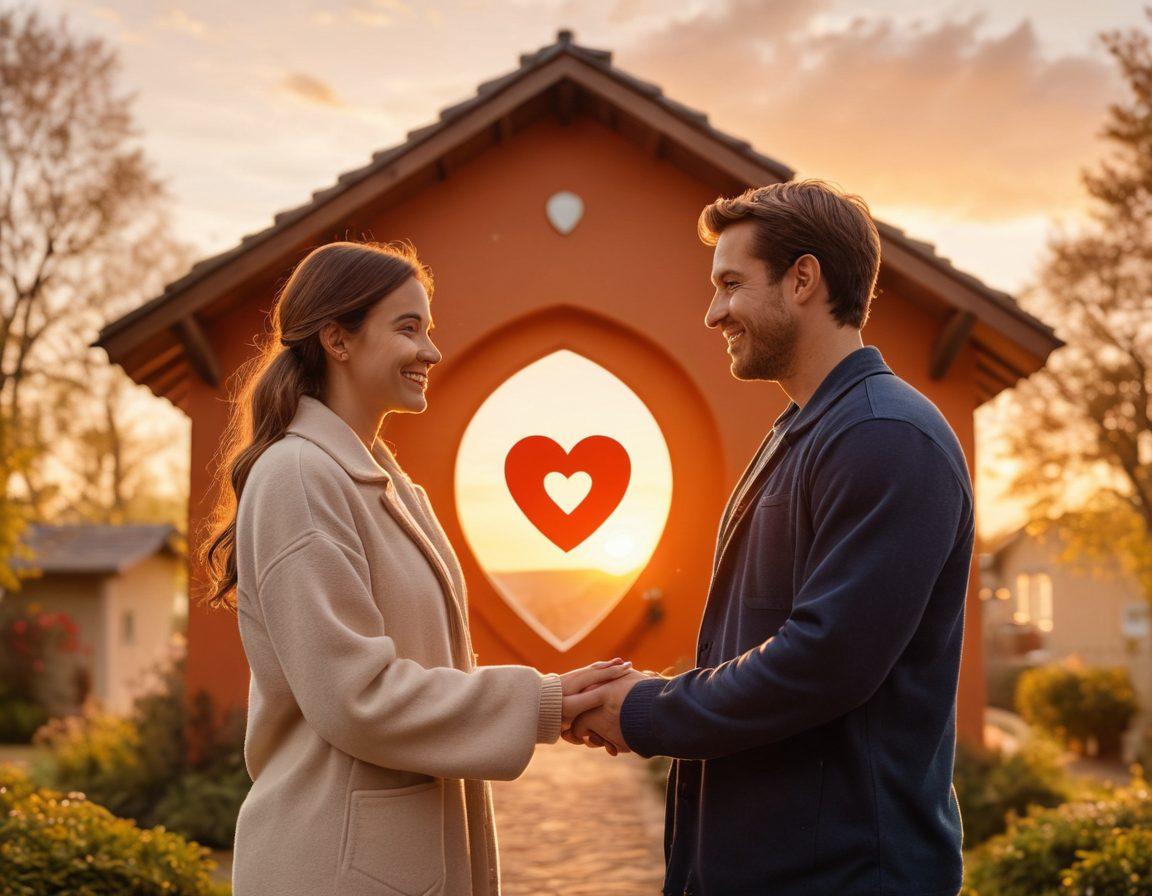A warm scene depicting two individuals, hand in hand, surrounded by symbols of love and protection such as a heart, a shield, and a house, representing a strong relationship. They are smiling warmly at each other, with a soft sunrise in the background illuminating their bond. Various icons of insurance like health and auto are subtly integrated around them, symbolizing security. The image should evoke feelings of trust, warmth, and partnership. vibrant colors. soft focus.