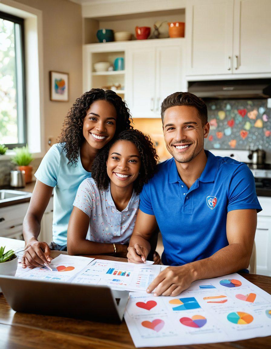 A couple joyfully reviewing insurance documents at a cozy kitchen table, surrounded by love symbols like hearts and family photographs. Include a computer screen displaying various insurance options with colorful charts and graphs, reflecting choices for health and life coverage. The atmosphere should be warm and inviting, with soft lighting illuminating their smiles. Illustrate elements of trust and security, such as a shield icon subtly integrated in the background. vibrant colors. super-realistic.