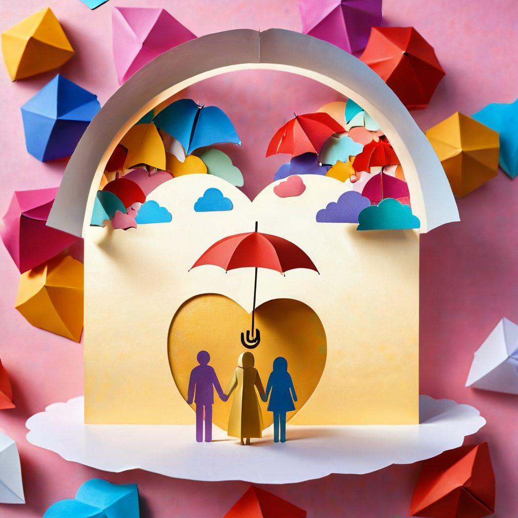 A cozy, heart-shaped home nestled in a protective shield made of insurance papers and hearts, illustrating the concept of love and security. Surround the house with soft clouds and warm sunlight, symbolizing safety and warmth in relationships and homes. Include elements like family silhouettes holding hands, and protective symbols like umbrellas and locks. The overall scene should evoke feelings of comfort and reassurance. vibrant colors. dreamy style.